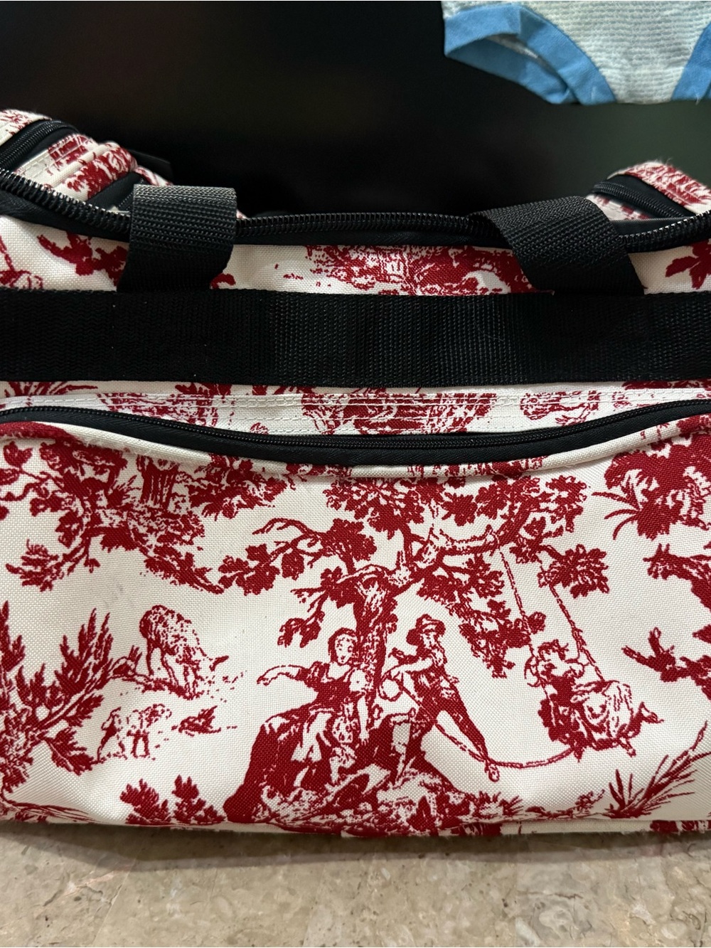 Women's Red Toile Print Tote Bag with Black Trim